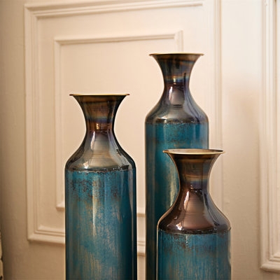 Floor Vase Set Distressed Teal Metal Bronze Trumpet Neck Industrial