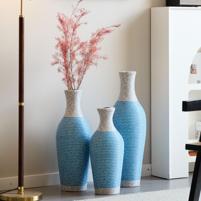 Floor Vase Set Graduated Aqua Blue Ribbed Texture Coastal Decor