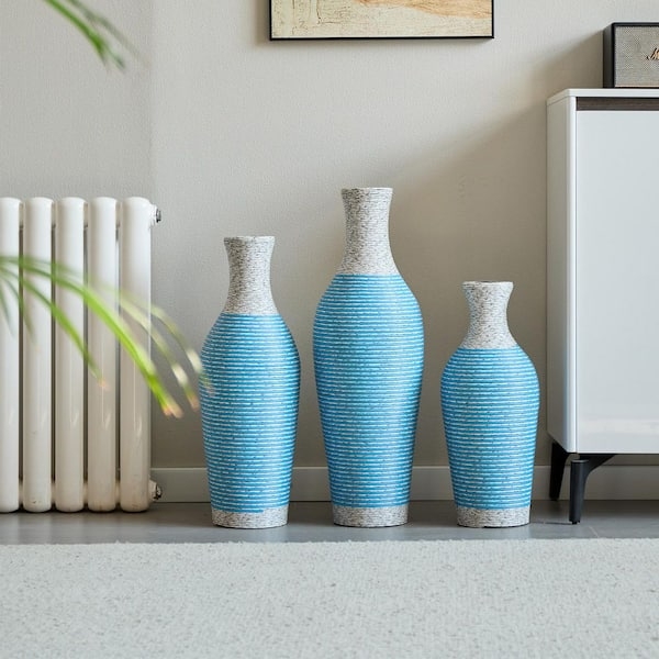 Floor Vase Set Graduated Vibrant Blue Banding Marled Texture Coastal