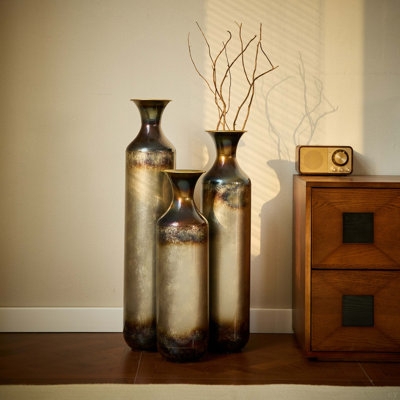 Floor Vase Set: Industrial Metallic Trio with Fire Finished Patina.