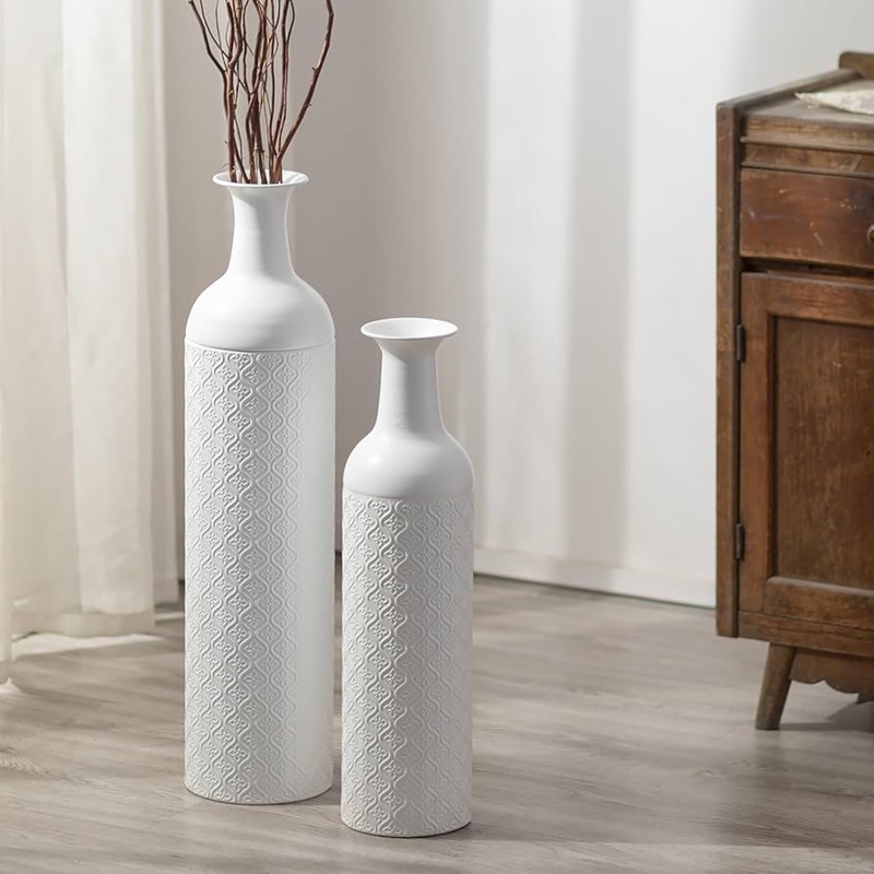 Floor Vase Set of Two Embossed Metal Flared Rim Matte White