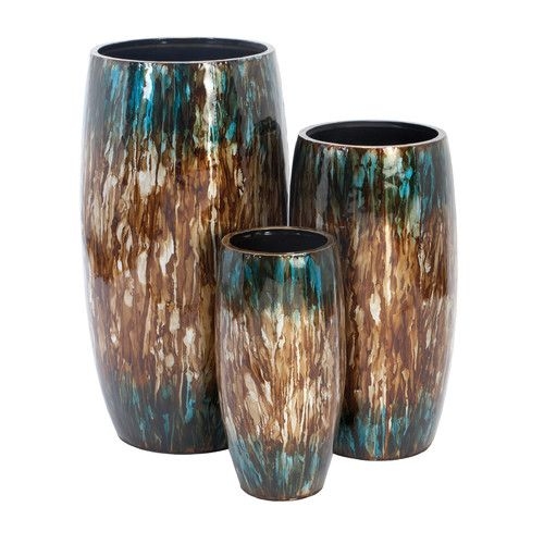 Floor Vase Set Teal Drip Reactive Glaze Contemporary Pottery Decor