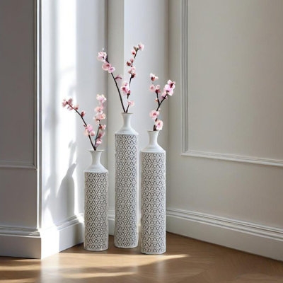 Floor Vase Set White Diamond Lattice Metal Mid-Century Modern Decor
