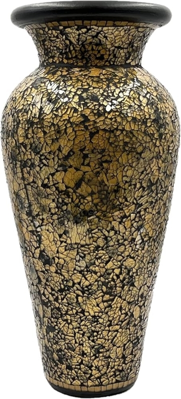 Floor Vase: Tall Glam Gold and Black with Crackled Glass Mosaic