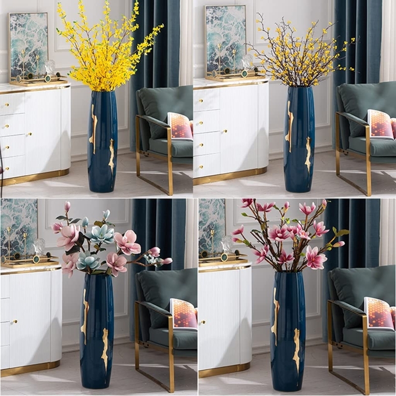 Floor Vase Tall Navy Blue Ceramic Abstract Gold Gilding Modern Glam