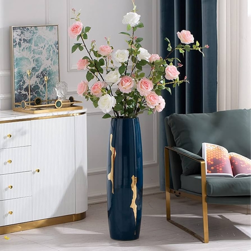 Floor Vase Tall Navy Ceramic Bottle Shape Ribbed Texture Gold Accents