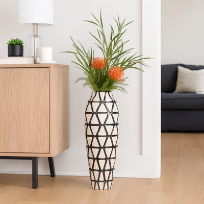 Floor Vase Tall Sculptural Black Geometric Lattice Ivory Modern