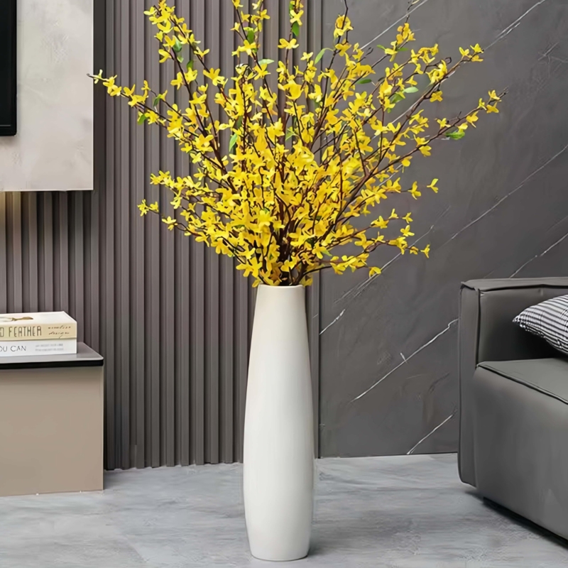Floor Vase Tall Slender Silhouette Ceramic with Yellow Floral Accent