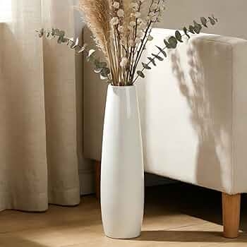 Floor Vase Tapered Form Satin Finish White Ceramic Minimalist Decor