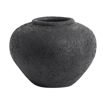 Floor Vase: Textured Black, Wabi-Sabi minimalist urn decor, Pitted finish.