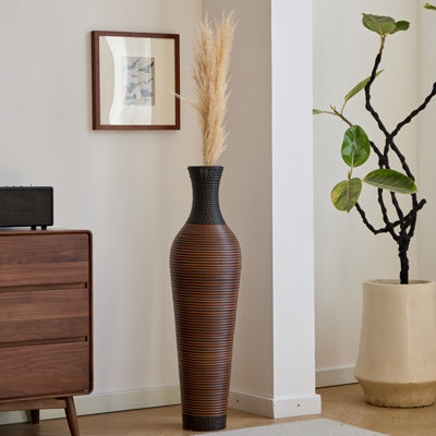 Floor Vase, Two-Tone Finish, Ribbed Texture, Woven Rattan, Tall Decor.