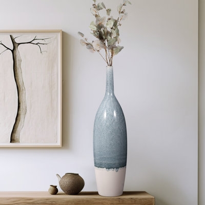 Floor Vase Two-Tone Slate Blue Reactive Glaze Elongated Neck Coastal