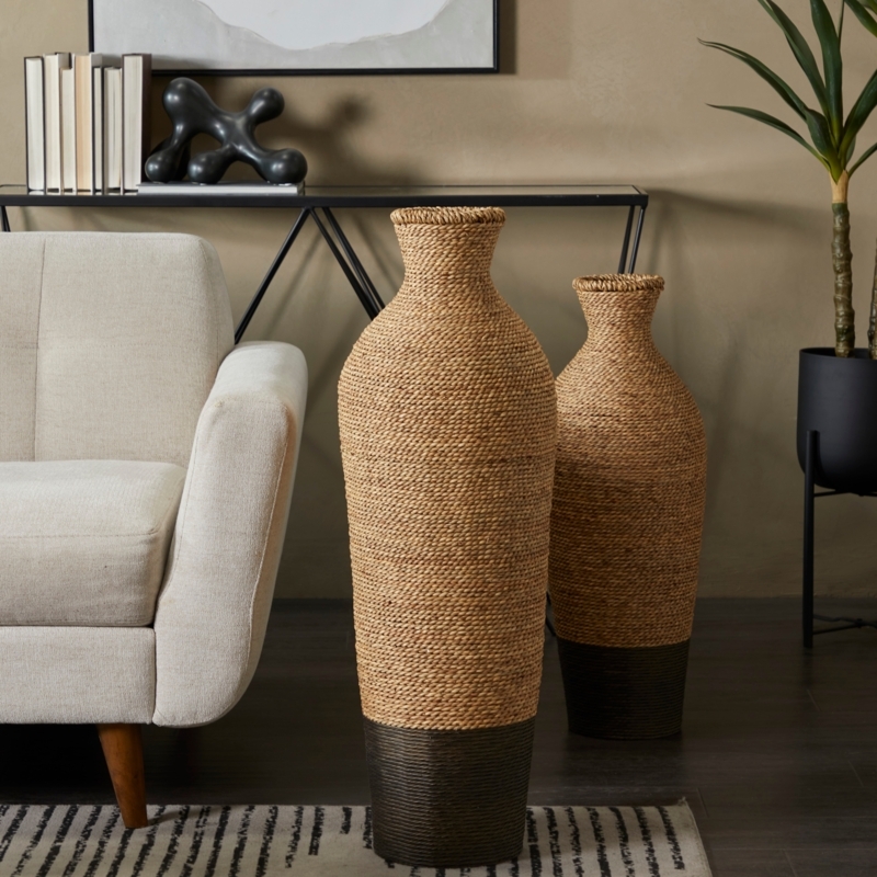 Floor Vase, Woven Seagrass with Two-Tone Base, Tall Organic Modern Decor