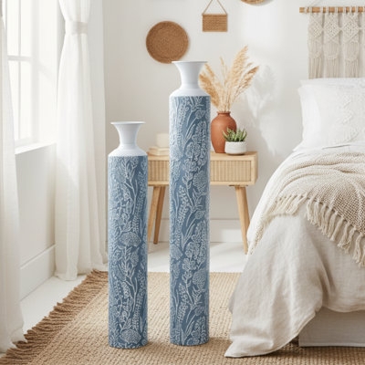 Floor Vases Blue Botanical Print Metal Cylindrical Flared Neck Set