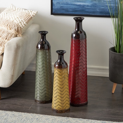 Floor Vases Chevron Etched Body Metallic Bottleneck Etched Chevron Vases