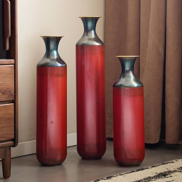 Floor Vases Red Glazed Finish Metallic Neck Contrast Modern Red Vase Set