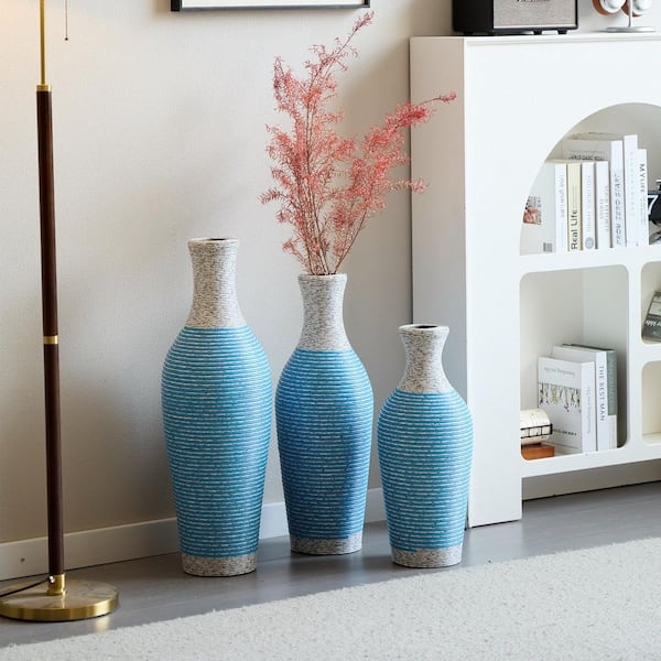 Floor Vases Ribbed Texture Two-Tone Finish Blue Textured Vases