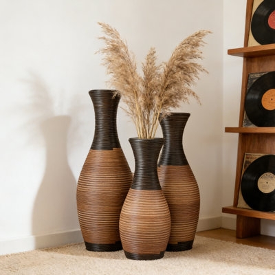 Floor Vases Woven Rattan Look Ribbed Surface Matte Two Tone Boho Set