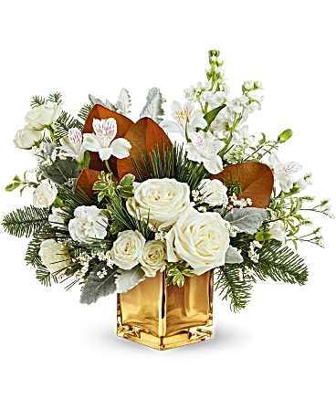 Floral Arrangement Gold Cube Vase, White Rose Winter Centerpiece