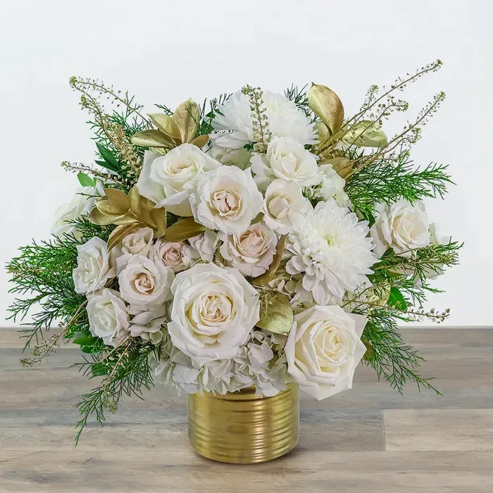 Floral Arrangement Ribbed Gold Vase, Luxe White Rose Table Decor
