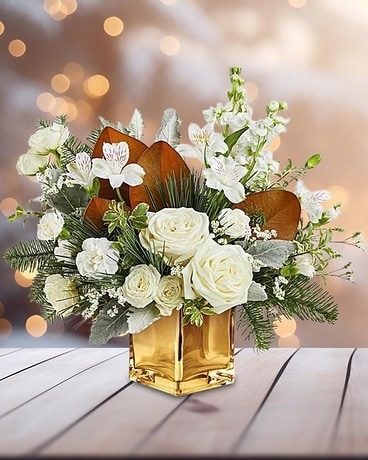 Flower Arrangement Gold Cube Vase, Festive White Rose Arrangement