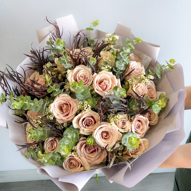 Flower Bouquet with Beige Roses and Muted Lilac Wrap, Modern Style