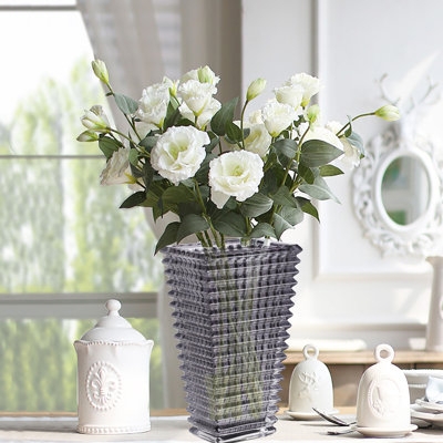 Flower Vase Charcoal Gray Ribbed Surface Modern Square Vase