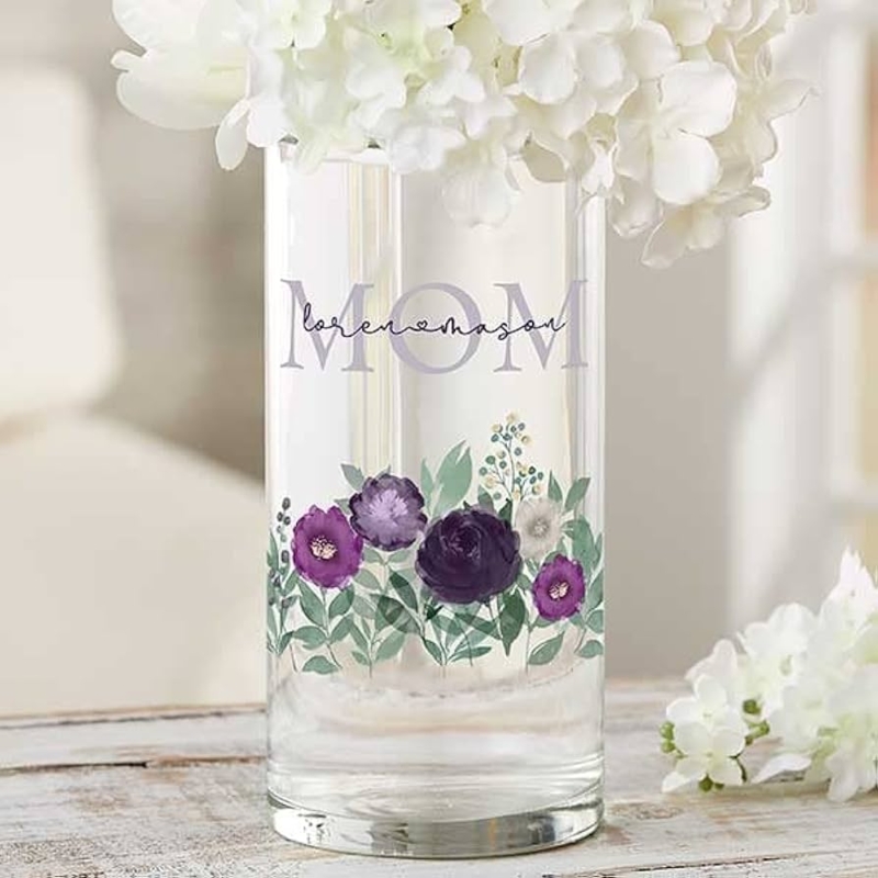 Flower Vase Personalized Script Purple Floral Motif Glass Decor