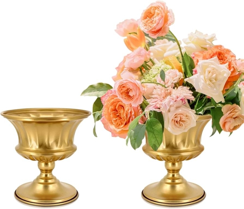 Flower Vase Satin Metal Fluted Pedestal Vintage Style Compote Set Of 2