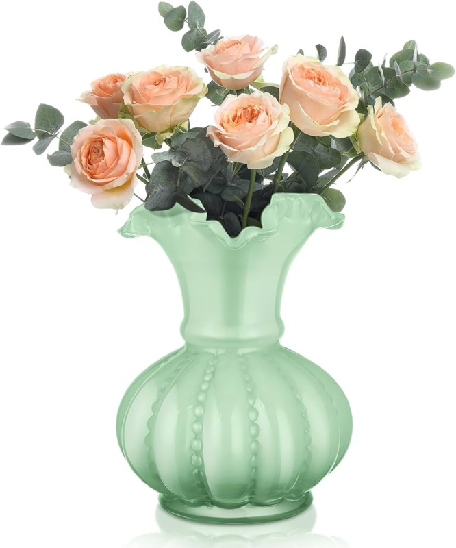 Flower Vase: Vintage Mint Glass with Ruffled Rim & Pedestal Base