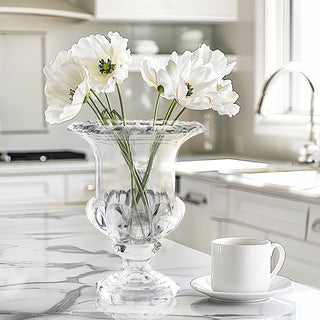 Flower Vase with Scalloped Base, Crystal Like, Urn Silhouette, Elegant.