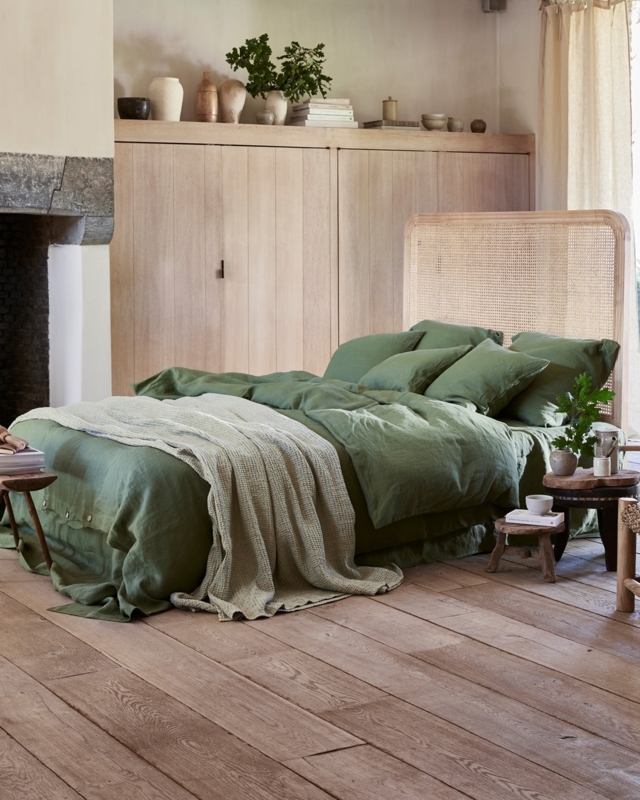Folded Sheet Set Forest Green Slub Texture Natural Fiber Earthy Decor
