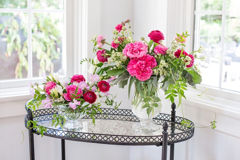 Footed Glass Vases on Mirrored Bar Cart, Romantic Floral Styling