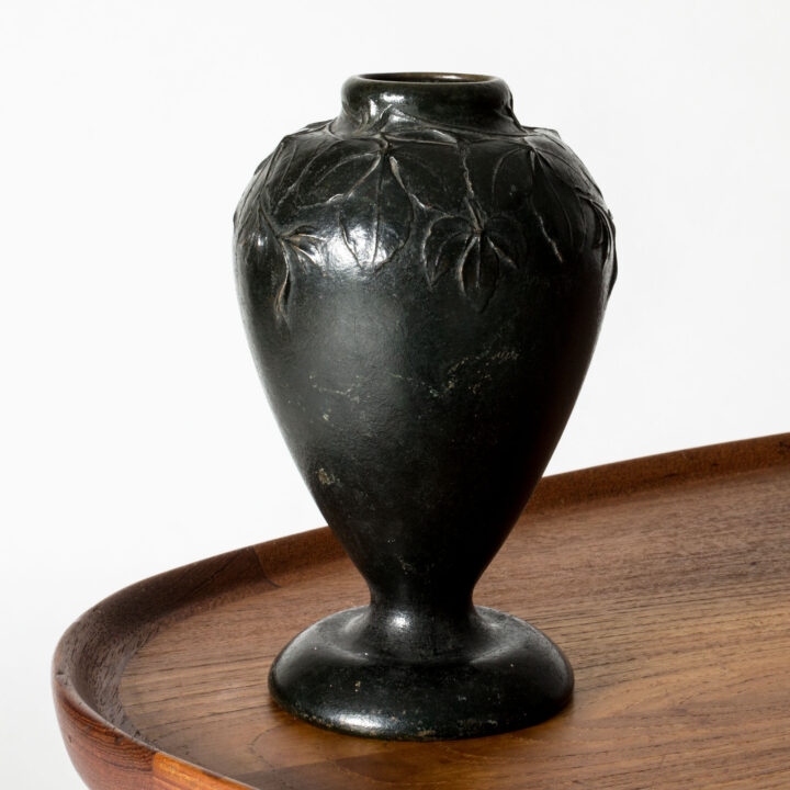 Footed Vase, Embossed Leaves, Dark Patina Finish, Vintage Style.