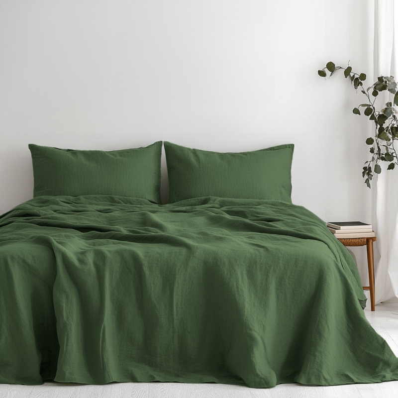 Forest Green Sheet Set Washed Linen Matte Finish Relaxed Bedding Look