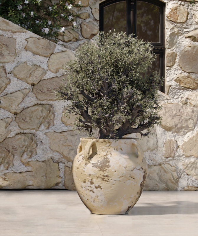 Four-Handled Distressed Urn Planter, Rustic Patio Decor