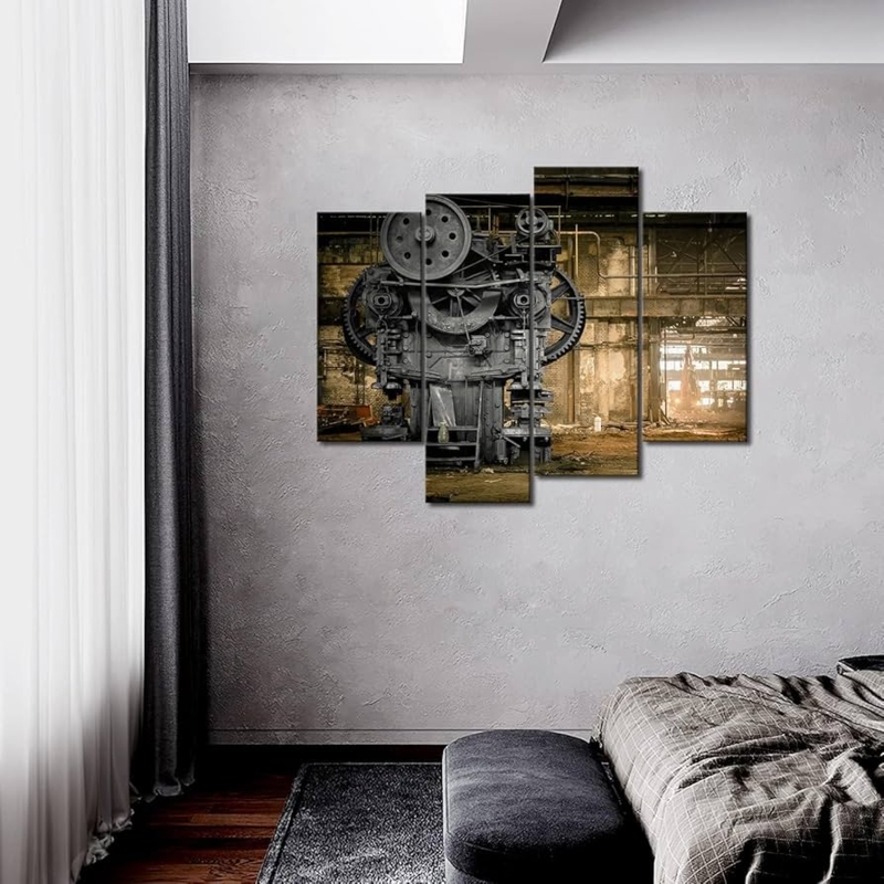 Four-Panel Wall Art: Vintage Factory Machinery, Industrial Bedroom Ideas
