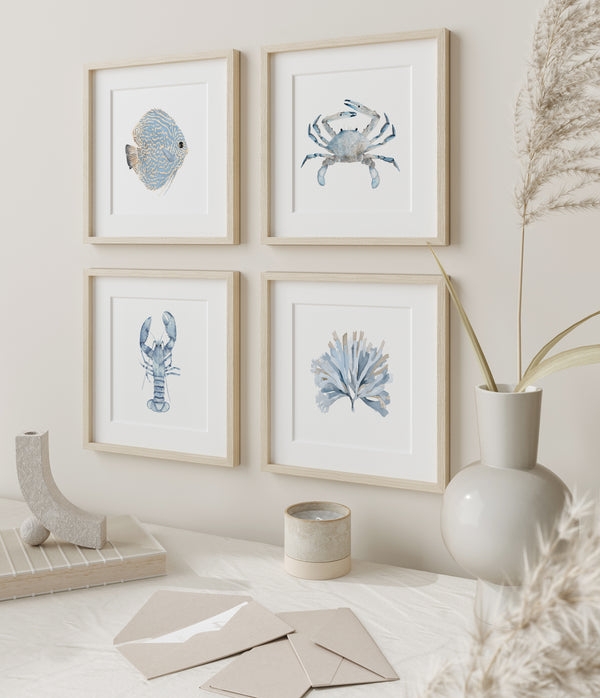 Four-Piece Art Set Marine Life Watercolor Texture Grid Layout Wood