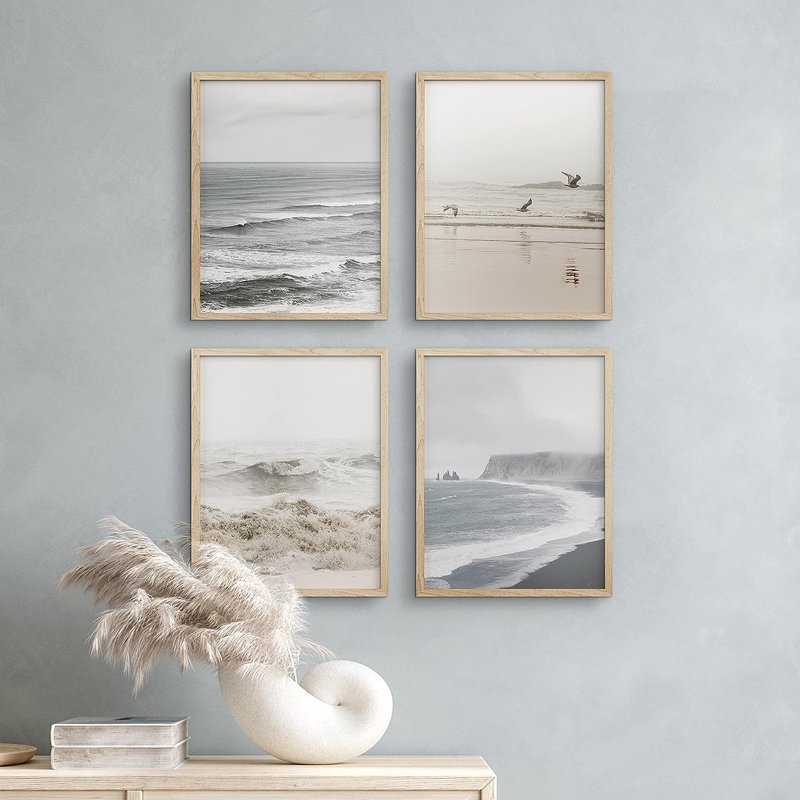 Four-Piece Wall Art Set Neutral Tonality Grid Light Wood Coastal