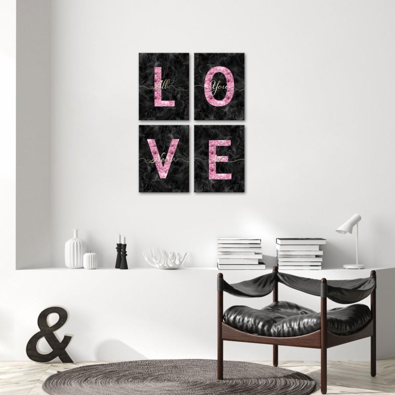 Four Piece Wall Art Set Pink Glitter Text Smoky Black
