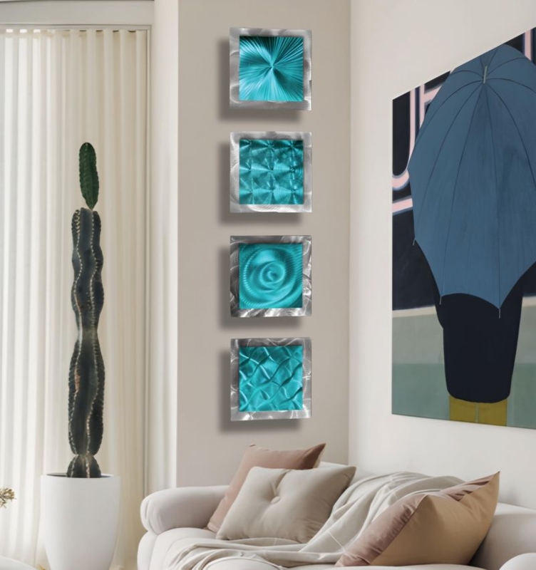 Four-Piece Wall Art Set Vertical Multi Set Textured Metal Centers Silver