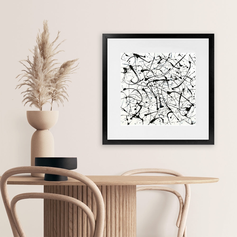 Framed Abstract Art Monochrome Splatter Pattern Matte Black Frame Modern