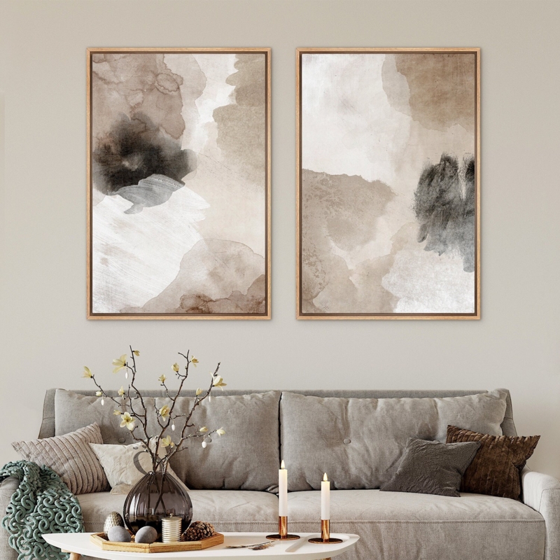 Framed Abstract Canvases Watercolor Design Beige Brown Wood
