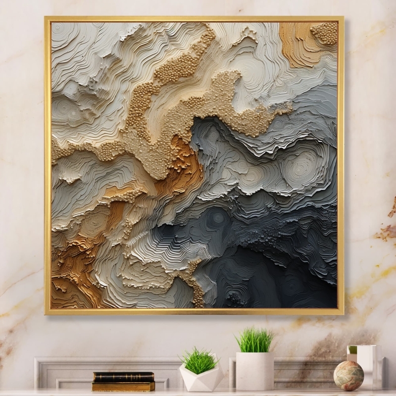 Framed Abstract Painting Heavy Impasto Texture Gold Beige