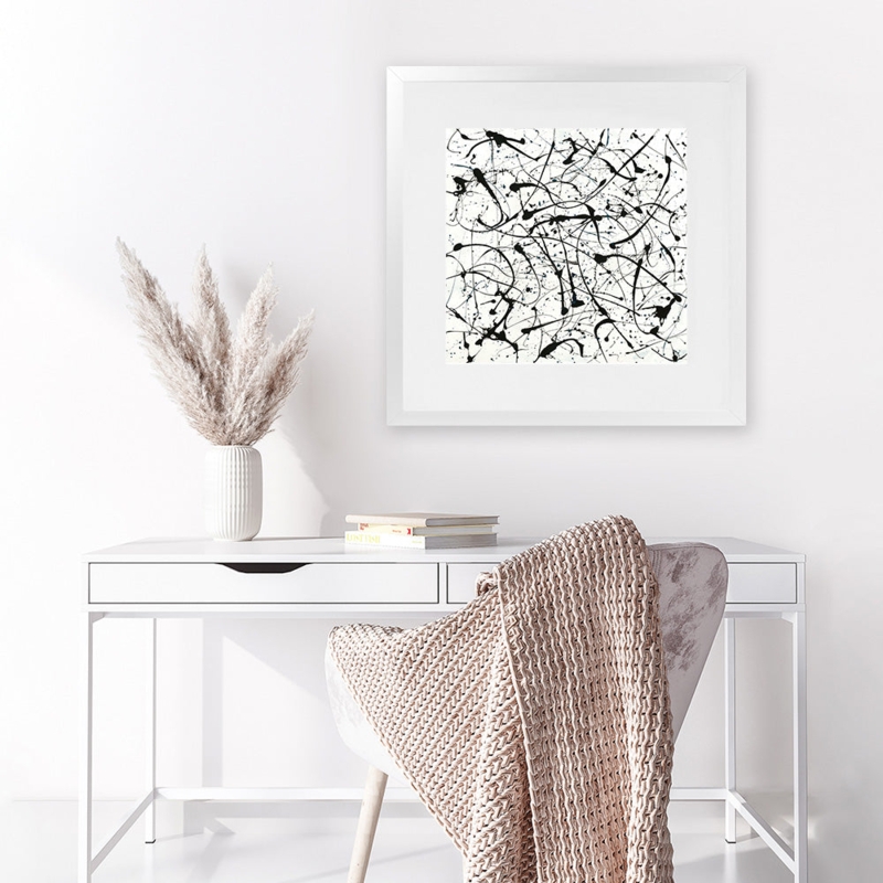 Framed Abstract Wall Art Black Splatter Print in White Minimalist Frame