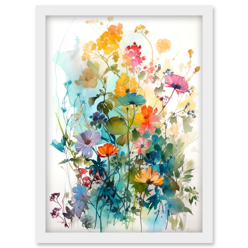 Framed Art Print, Rainbow Wildflower Field Watercolor