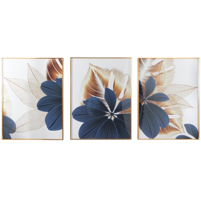 Framed Art Set 3-Piece Navy and Gold Lily Leaf Motifs Glam Decor