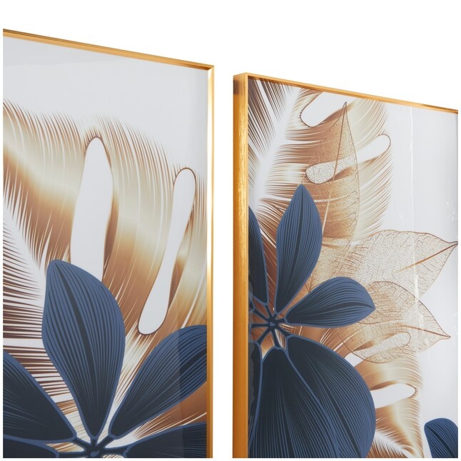 Framed Art Set Metallic Leaf Details Navy Blue Slim Gold Frame Glam