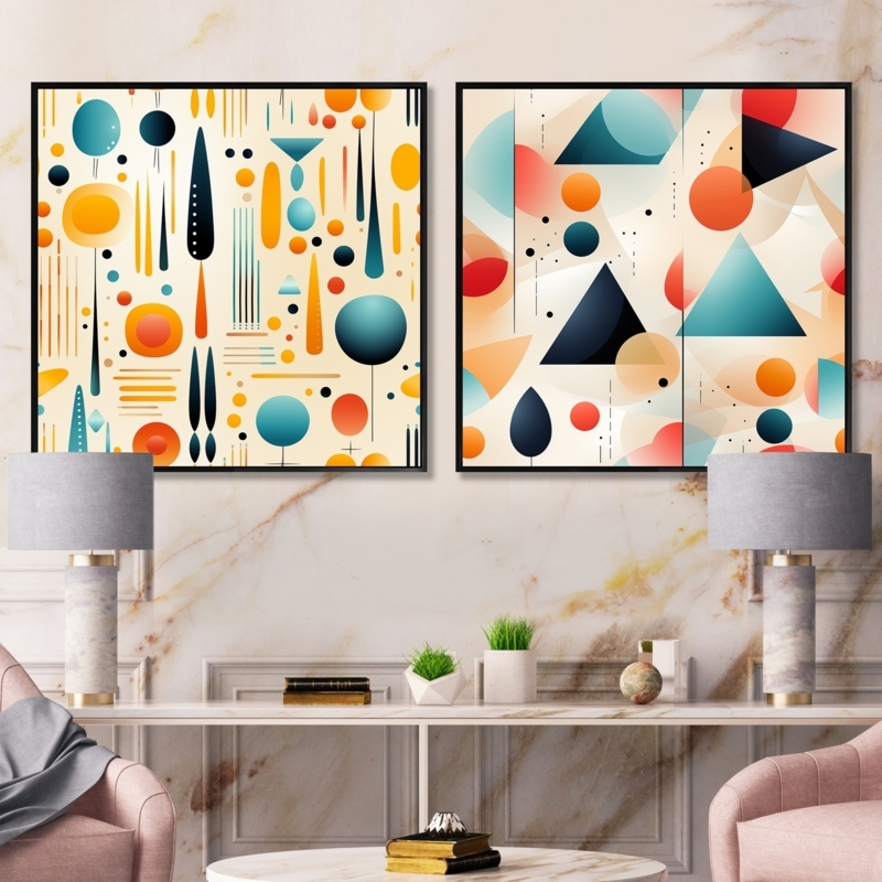Framed Art Set: Mid-century geometric shapes, teal and orange wall decor.