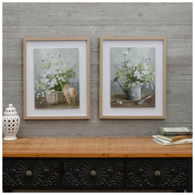 Framed Art Set, Rustic Farmhouse Botanical Pair over Console